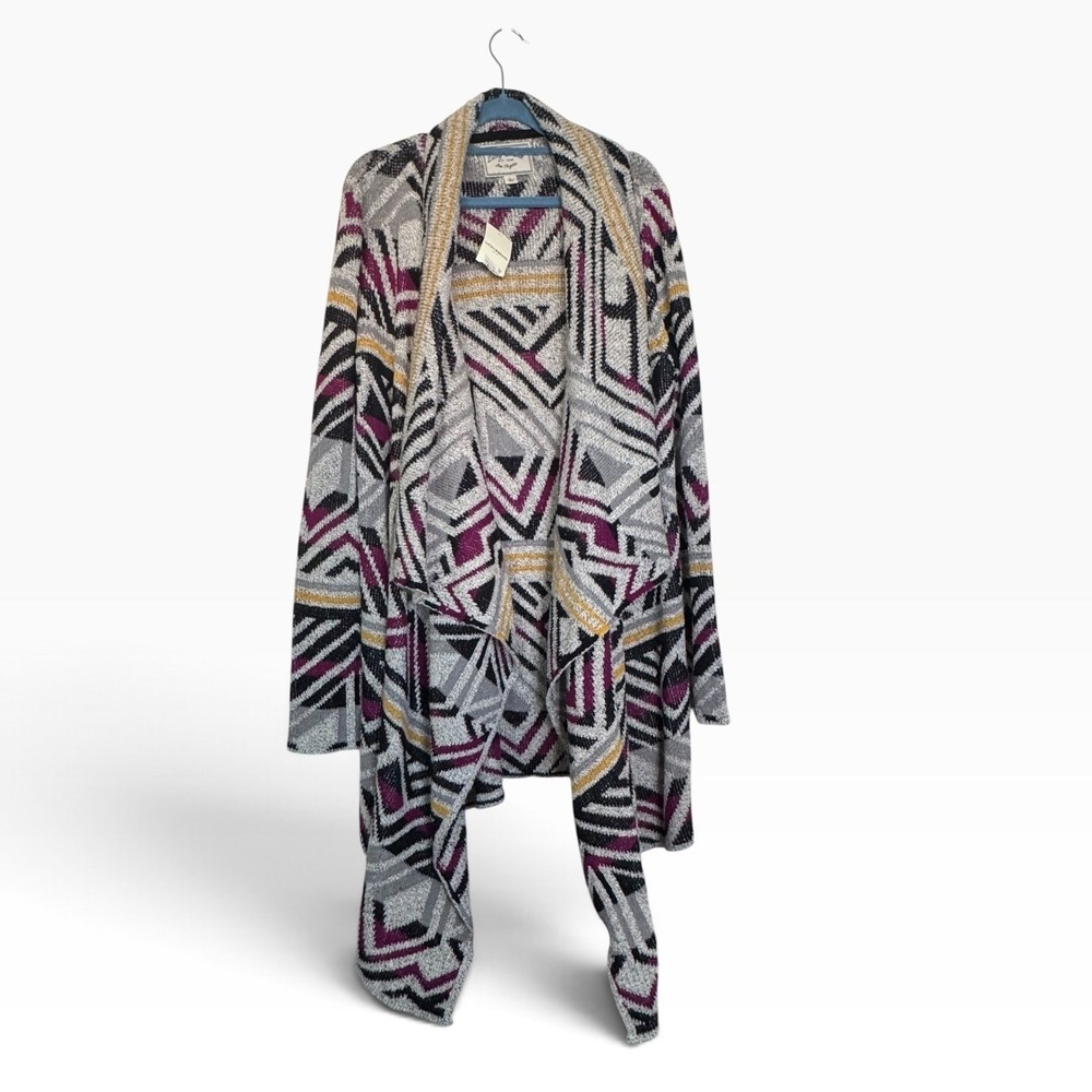 Lucky Brand Geometric Tribal Open Front Waterfall Cardigan Grey Purple L NWT